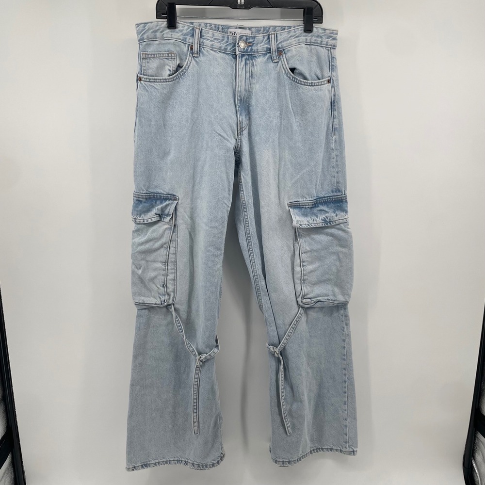 Zara Cargo Jeans Womens 10 Light Blue Wide Leg Multi Pocket Denim Straps